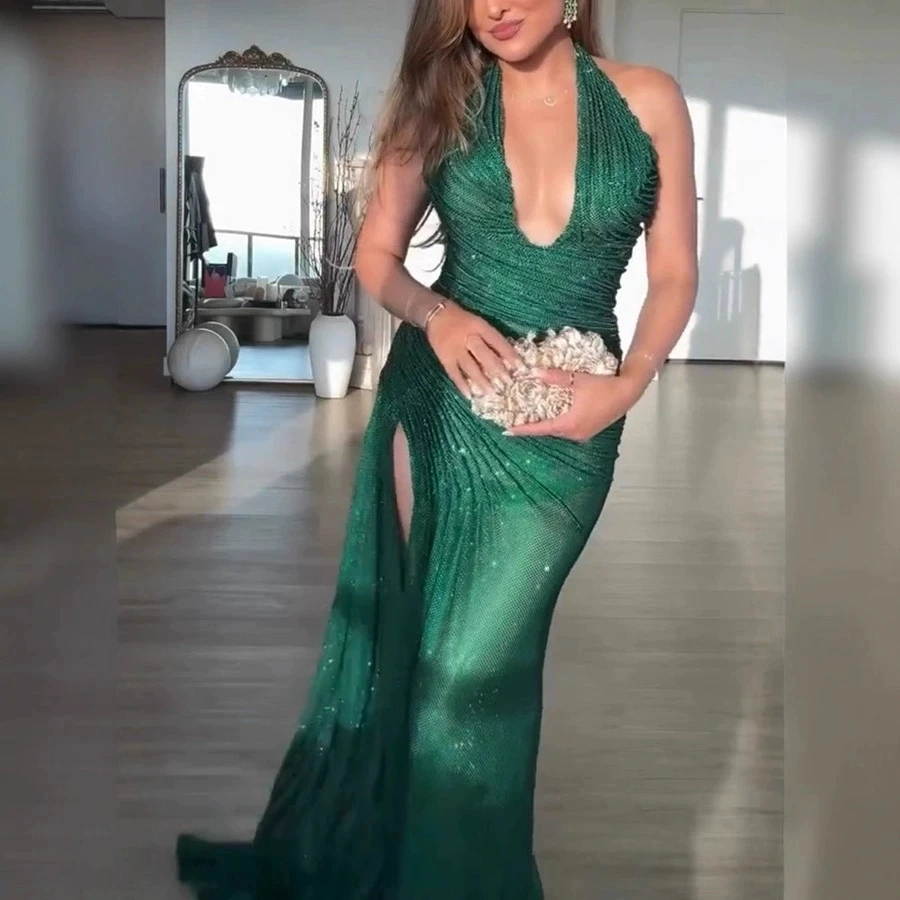 

Shiny Sequin Halter Neck Party Dresses Women Fashion Sexy Deep V-neck Backless Package Hip Slit Dress Banquet Evening Vestidos