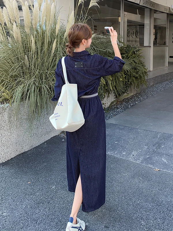 Gonna Lunga in Denim a Vita Alta con Scollo a V per Donna, Primavera Autunno 2025, Nuovo Modello Blu Super Lungo Casual