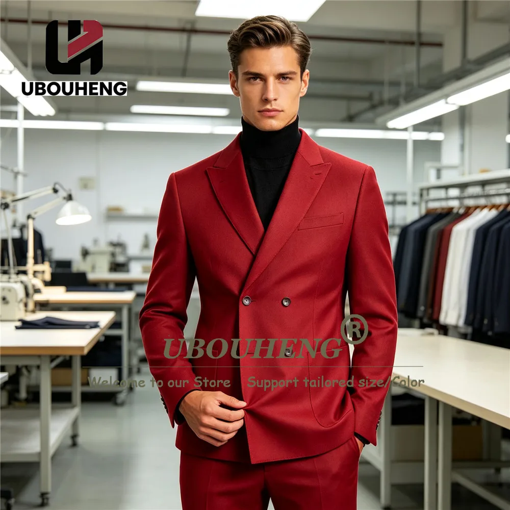 Classic Business Suit For Man Double Breasted Solid Jacket Pants 2 Pieces Sets Groom Dinner Party Tuxedos Customized Man Outfits
