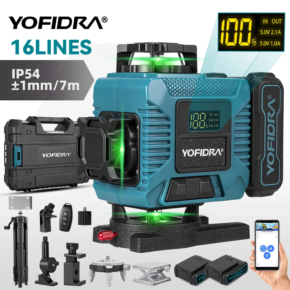 Niveau laser 4D YOFIDRA 16 lignes, contrôle à distance par application, rechargeable, auto-nivelant, ligne verte 360°, grande batterie Li-ion