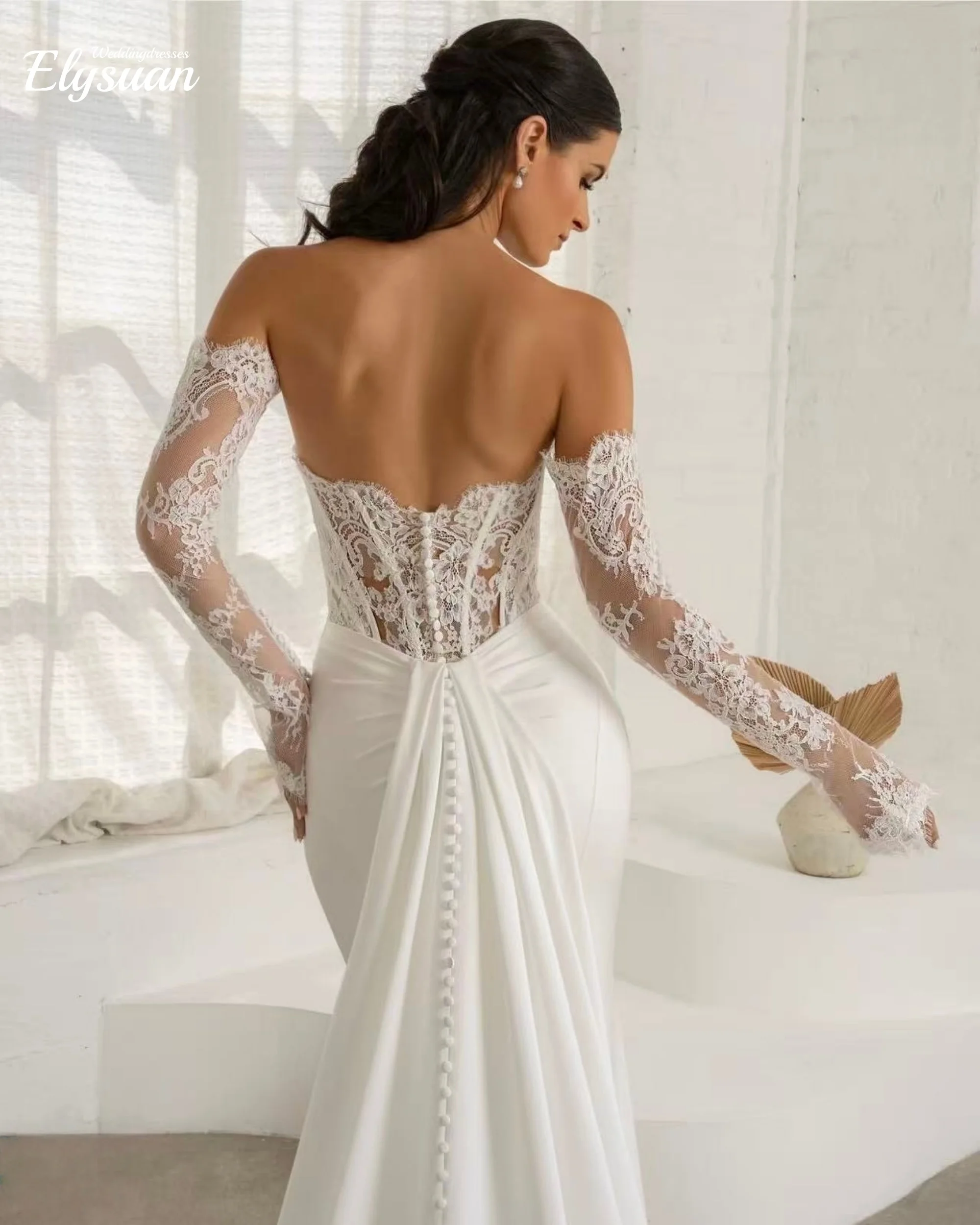 Customized Satin White Appliques Wedding Dresses long sleeves glitter fishtail Lace decal Gowns Made wedding Vestidos de Novia
