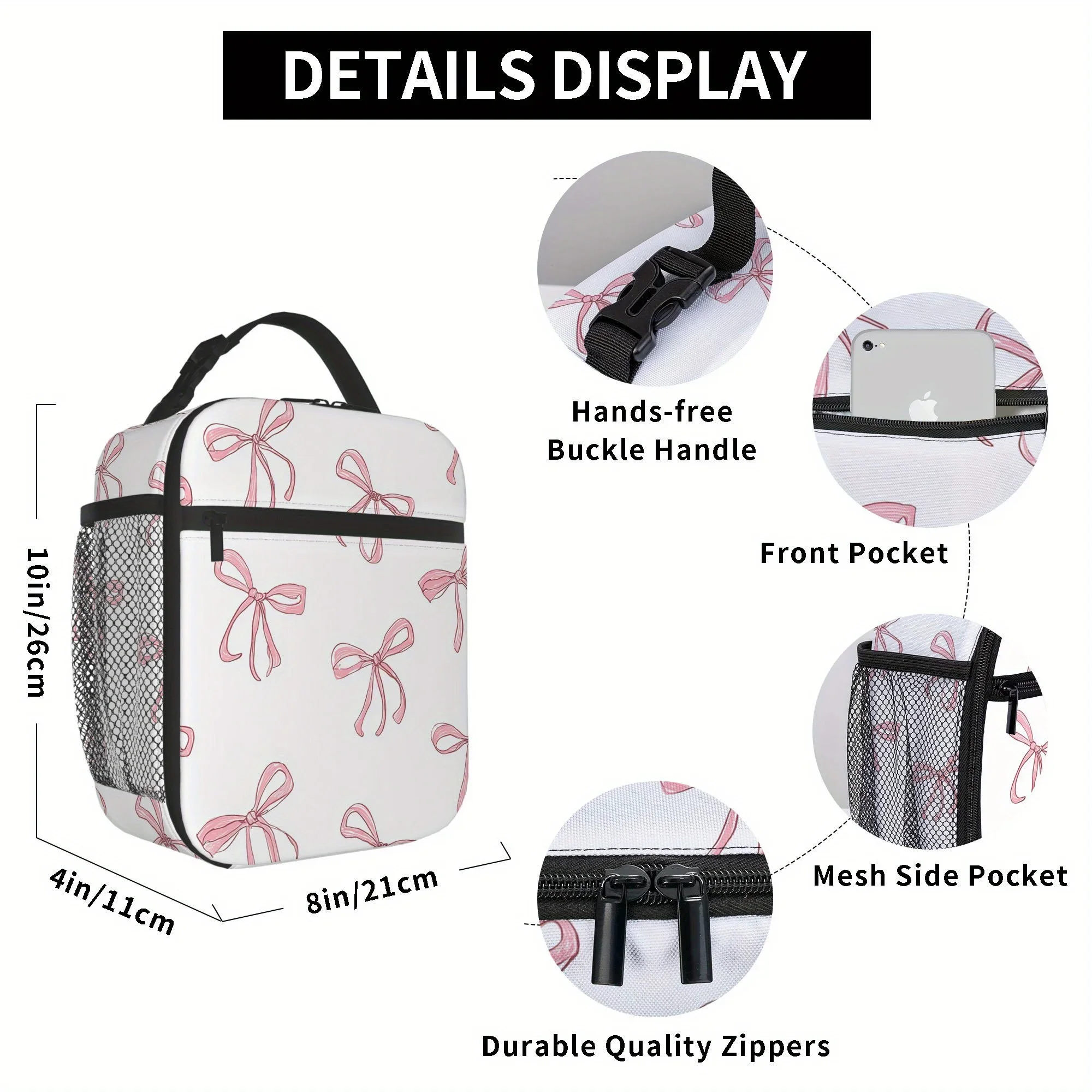 1pc a Thermal Bag Featuring Pink Bows on a White Backdrop. This Insulated Bag Is Not Intended for Direct Food Contact And Is Ide