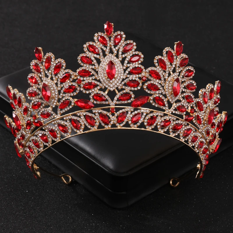 Baroque Vintage Gold Color Red Crystal Bridal Tiaras Crowns Rhinestone Diadem Women Headpieces Wedding Hair Accessories Jewelry