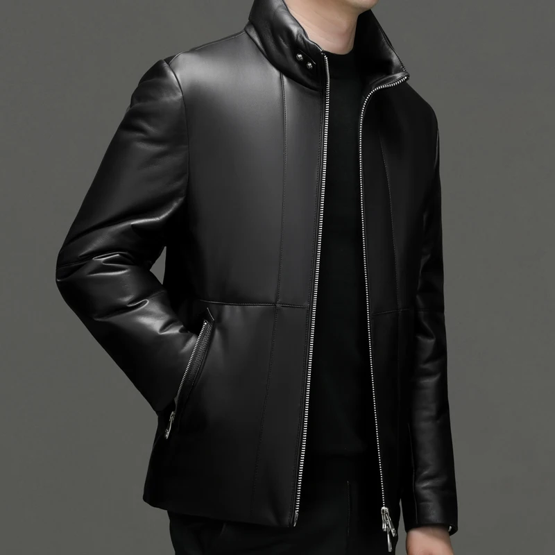 2023 Autumn and Winter New Men\'s Fashion Business Casual Solid Color Leather Jacket Stand Collar Down Jacket Sheep Skin Coat