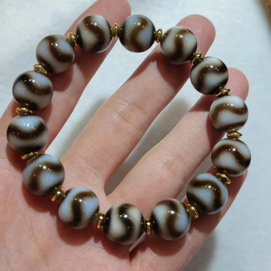 1pcs/lot Natural Agate Bead Bracelet / Tiger tooth pattern / 12mm 10mm Retro ethnic style Pretty and stylish Men's women's style