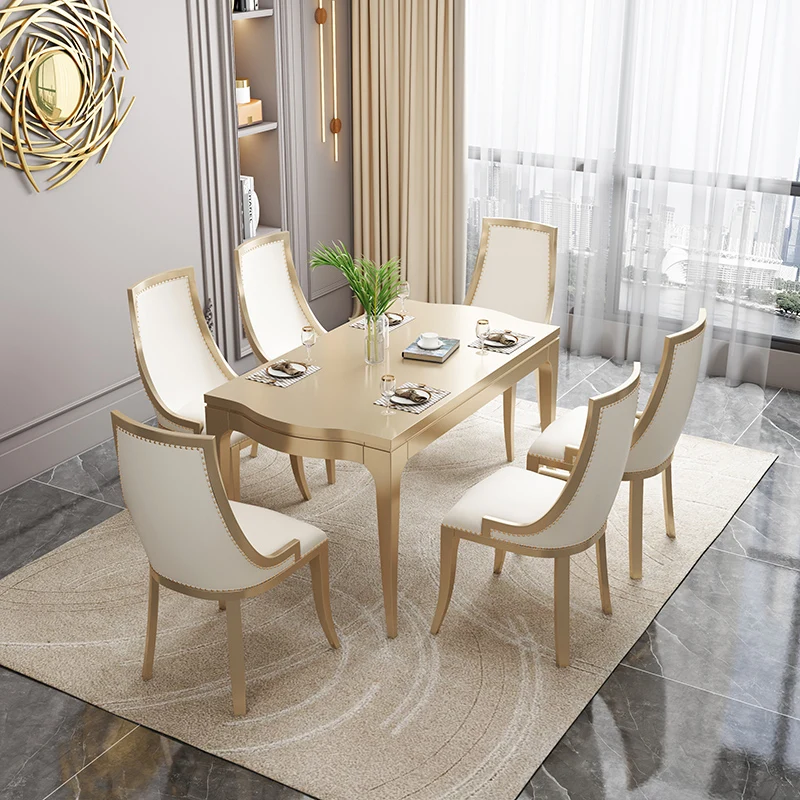 

American light luxury modern simple solid wood rectangular champagne gold dining table small apartment villa household