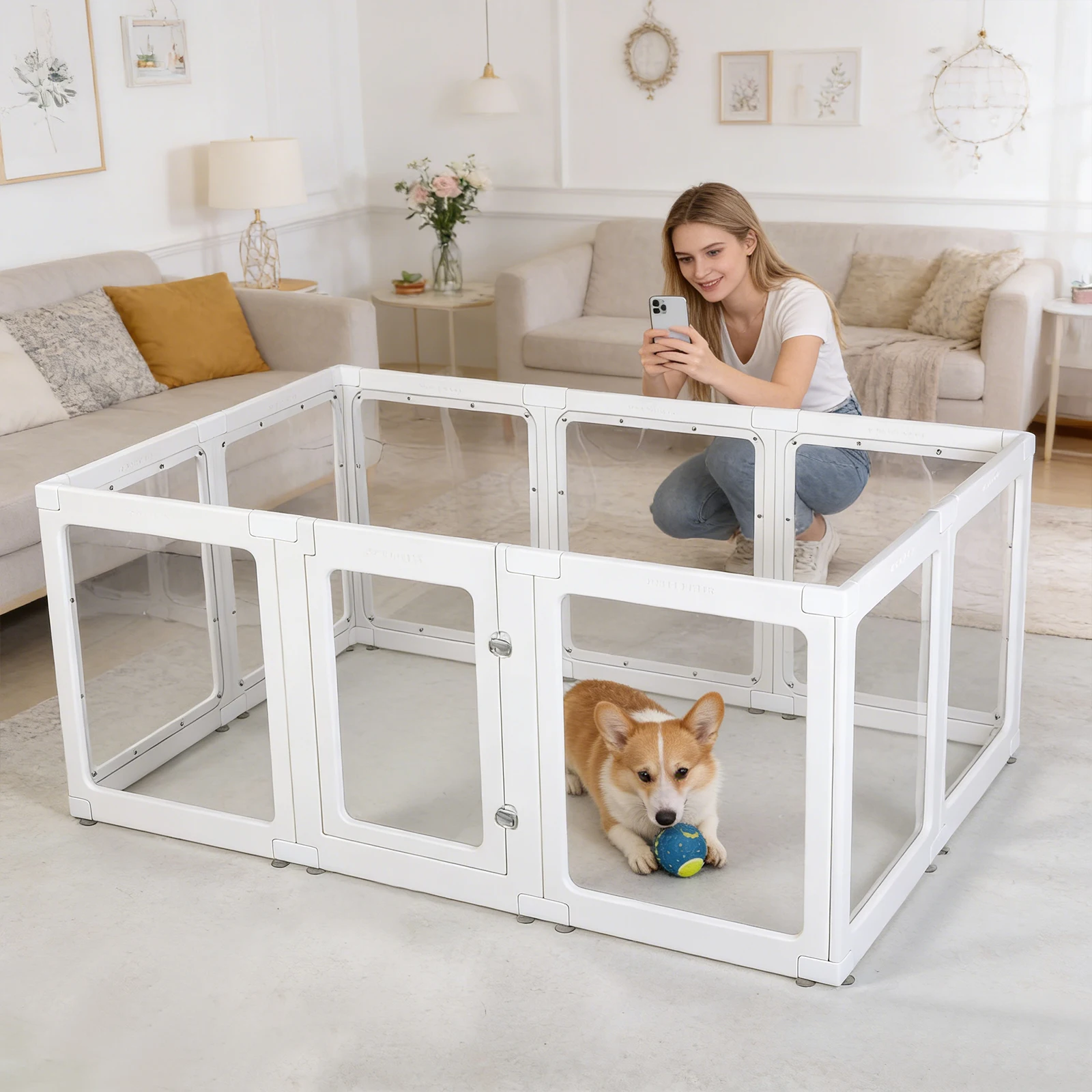 DIY-Kombinations-Hundezaun 60cm Transparenter Acryl-Hundelaufstall für Innenräume, Zusammensetzbarer Isolationszaun für Haustiere, Kleines Haustiergehege