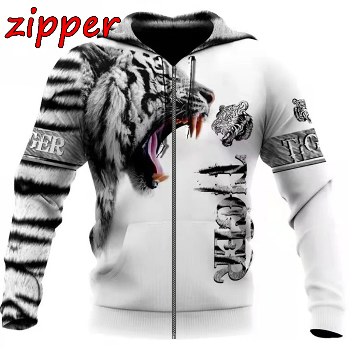 Fashion Autumn lion,wolf Hoodies White Tiger Skin 3D All Over Printed Mens Sweatshirt Unisex Zip Pullover Casual Jacket