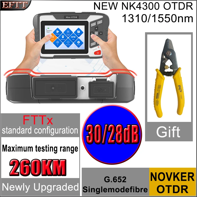 NOVKER NK4300 OTDR Optical Time Domain Reflectometer 1310/1550nm 260KM 30/28dB 26/24dB OPM OLS VFL Fiber Optic Tester