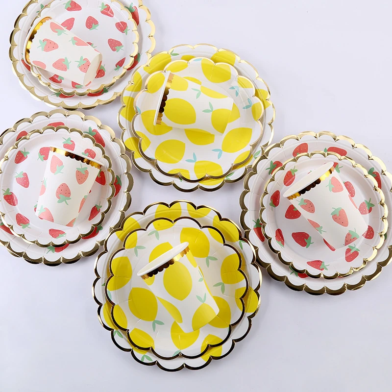 Party Tableware Set Lemon Strawberry Disposable Paper Cup Paper Plate Paper Towel Straw Happy Birthday Party Decoration Supplies