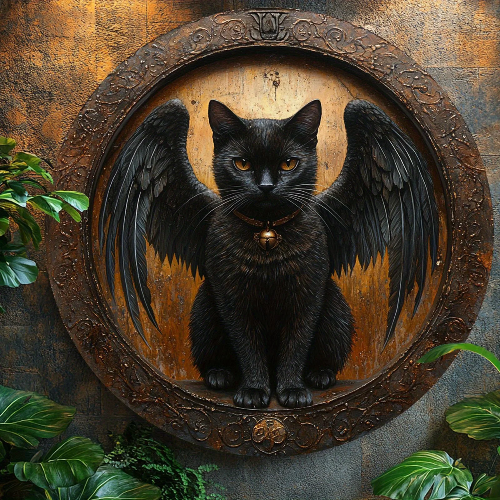 

2D Flat, Vintage Black Cat Wing Art - 8x8 Inch Aluminum Wall Decor With Ornate Frame, Fantasy-Themed Round Design For Home, Offi