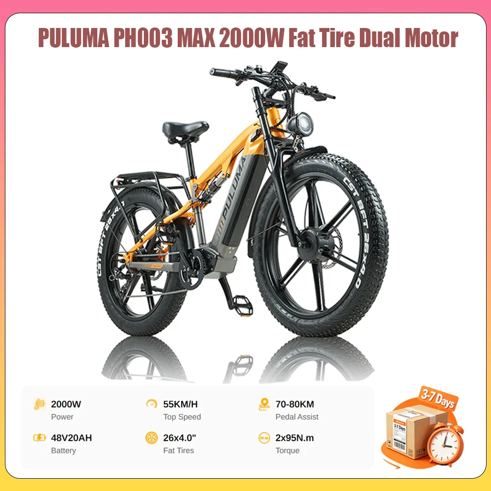 Vélo électrique PULUMA PH003 2000W à double moteur 48V20Ah, pneus larges 26×4.0, double suspension, freins à disque hydrauliques, certifié UE pour adultes