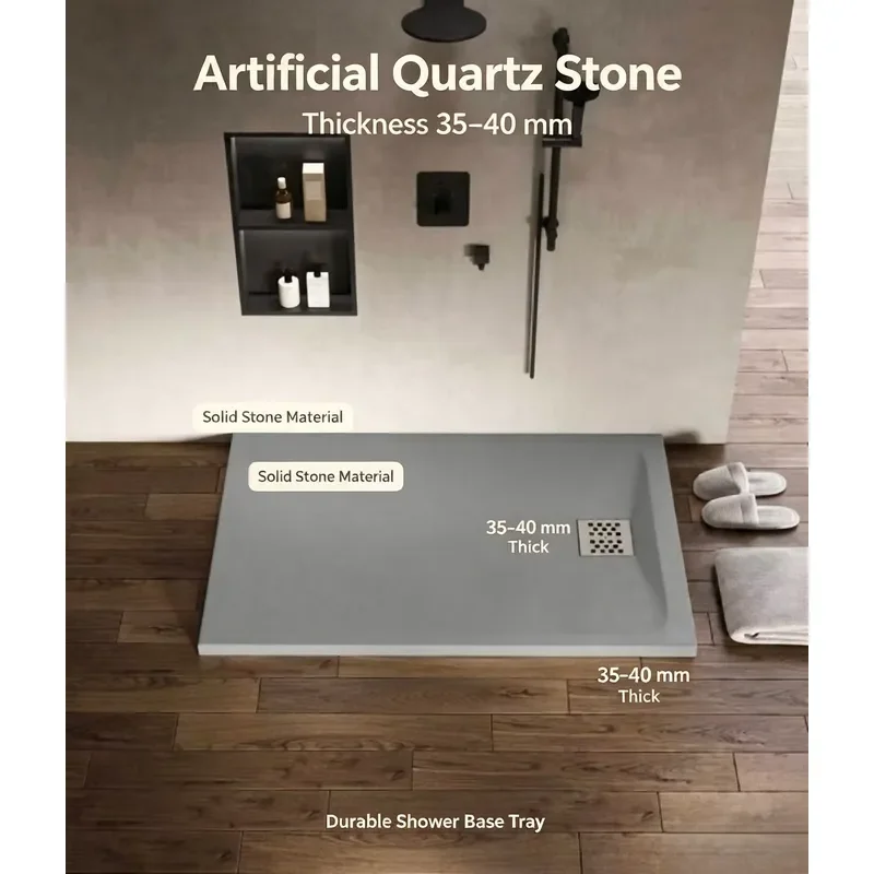 Custom Size 800-1600mm Solid Stone Shower Base Modern Non Slip Hotel Bathroom Floor With Disc Linear Drain Waterproof Room