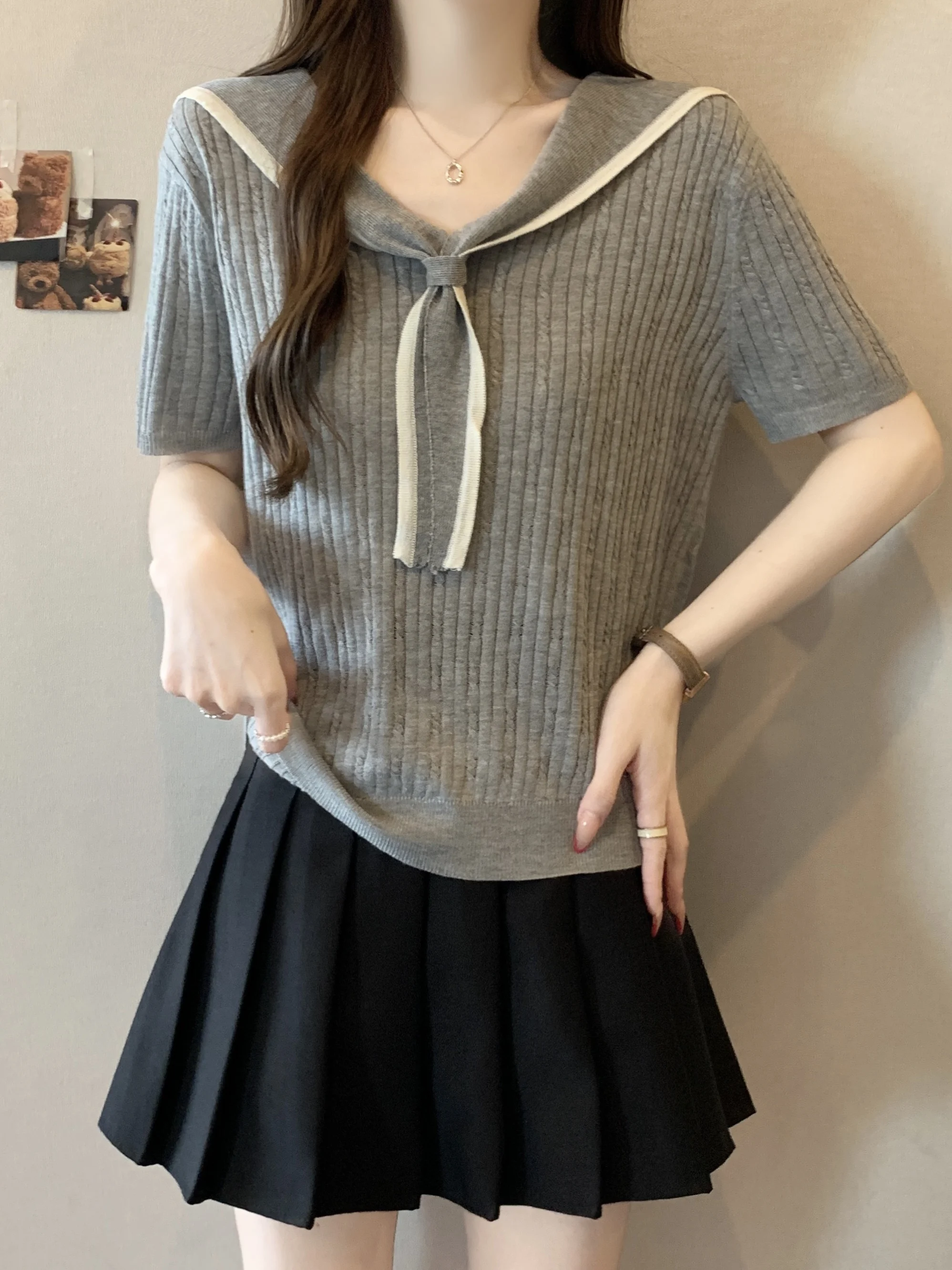 

plus Size Women's Navy Collar Short Sleeve Knitted Top Summer Slimming Versatile Design Anti-Aging Thin Style Korean Commute