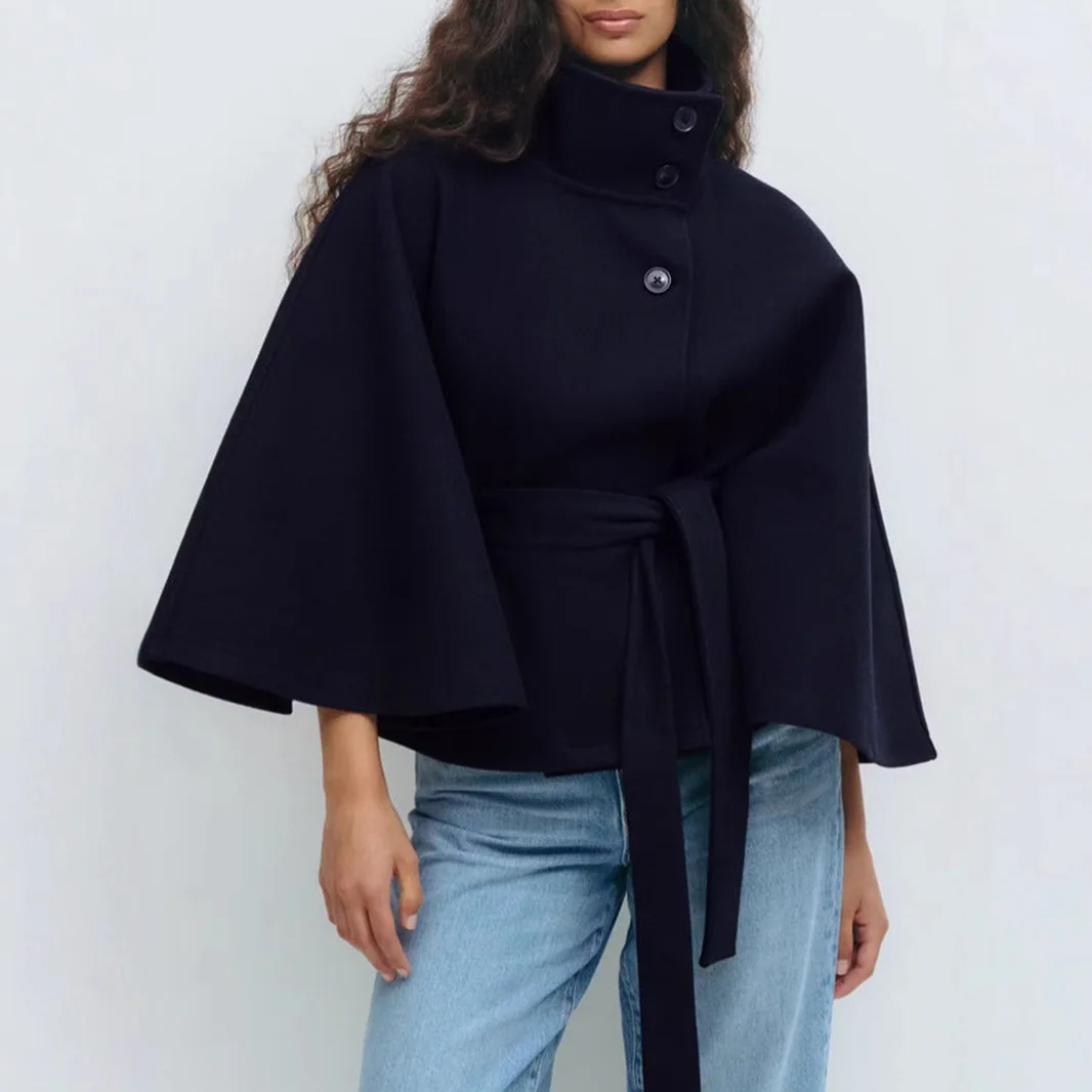 

New Stand Collar Woolen Short Coat Jacket Single Breasted Women Casual Cape Coat 2025 Lady Autumn Outerwear Fashion Cloak Coat