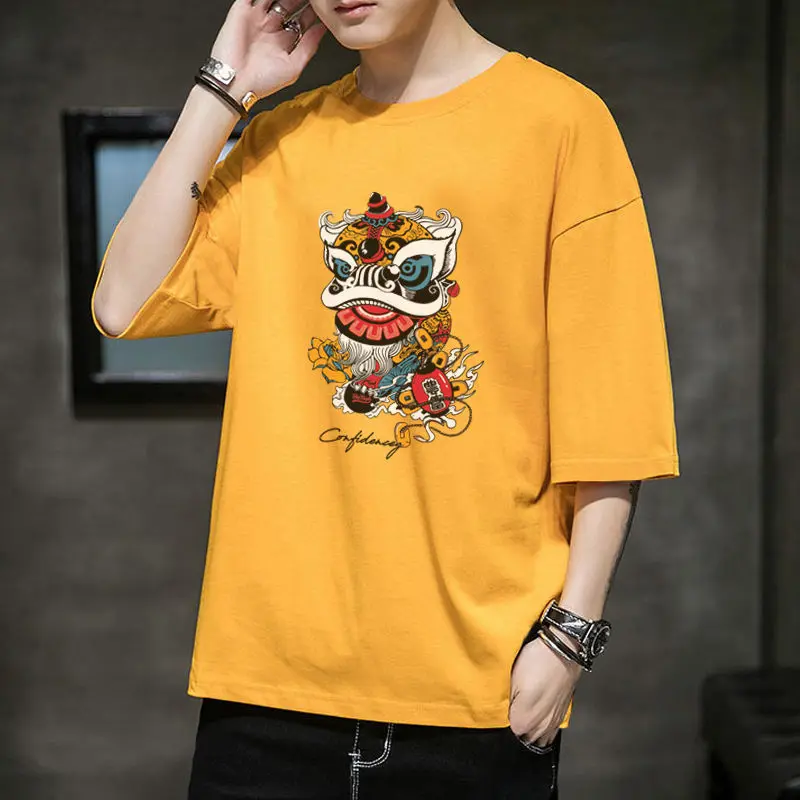 2023 New Summer Chinoiserie Fashion Simple Retro Atmosphere Round Neck Lion Print Oversized Versatile Men's China-Chic T-shirt