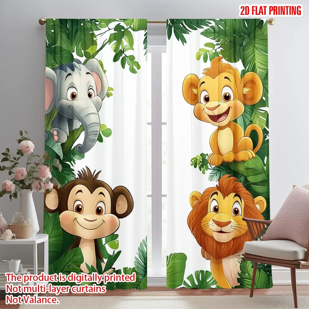 2pcs 2D flat printing Window Curtains Cartoon jungle animals Polyester Without Electricity Party Decorations for Photo Booths &