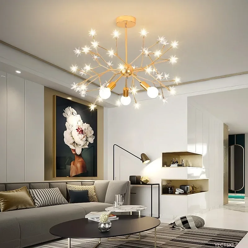 

GHJUYIOL Firefly crystal chandelier, milk tea shop chandelier, restaurant chandelier, modern and simple three-headed