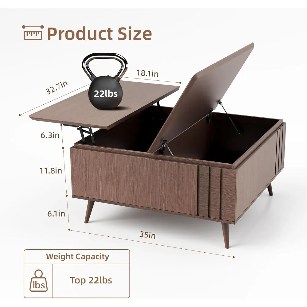 Mid-Century Modern Square Coffee Table with Lift-Top Storage and Hidden Compartment