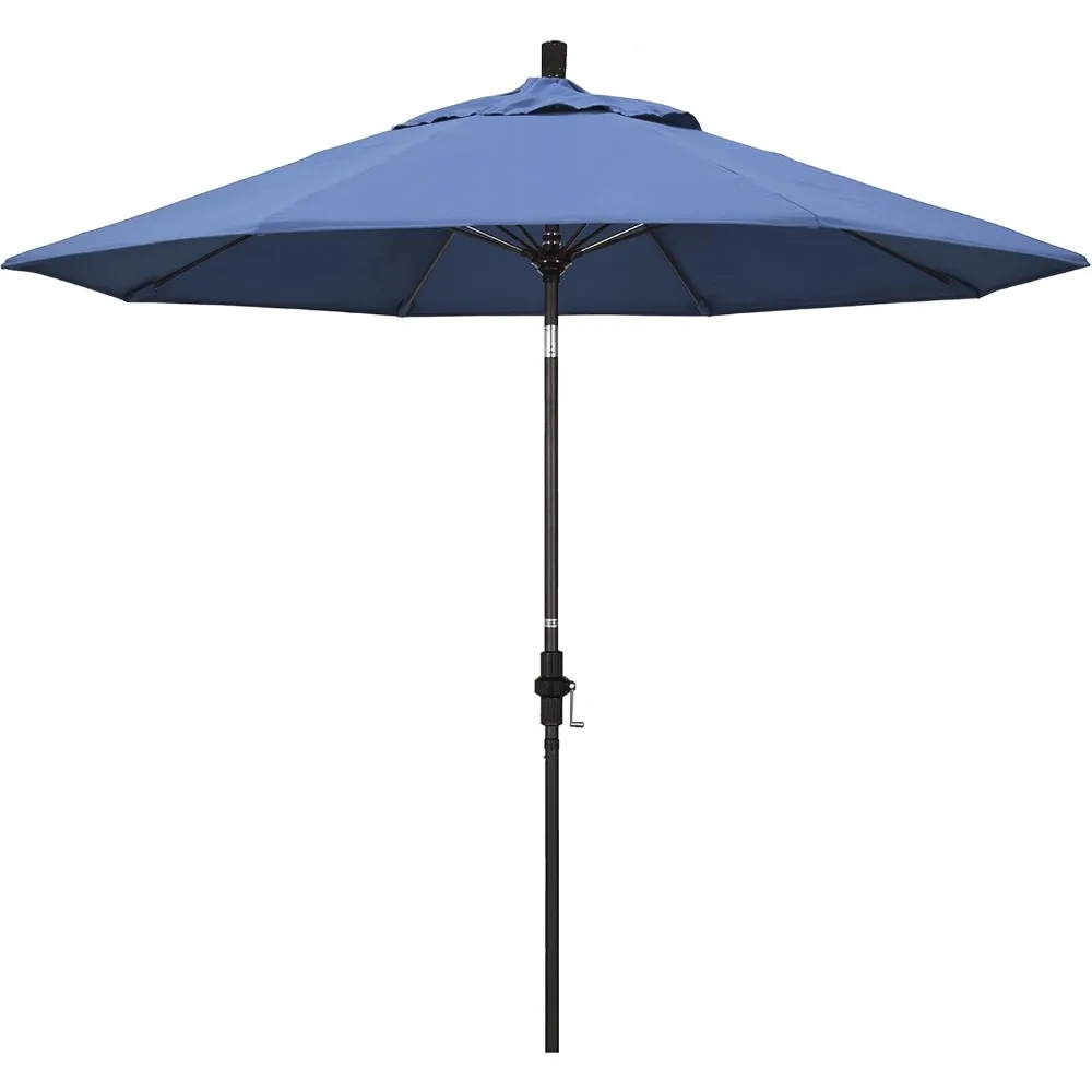 9' Round Aluminum Pole Fiberglass Rib Patio Umbrella, Crank Lift, Collar Tilt, Bronze Pole, Frost Blue Olefin