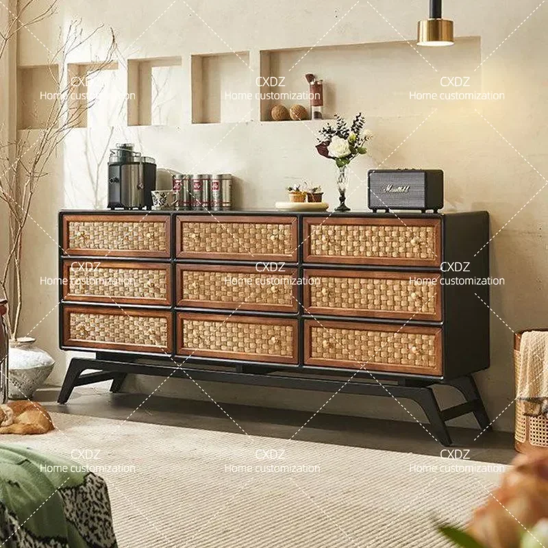 Medieval rattan nine chest cabinet Japanese retro solid wood dining side cabinet living room storage locker wabi sandy wind