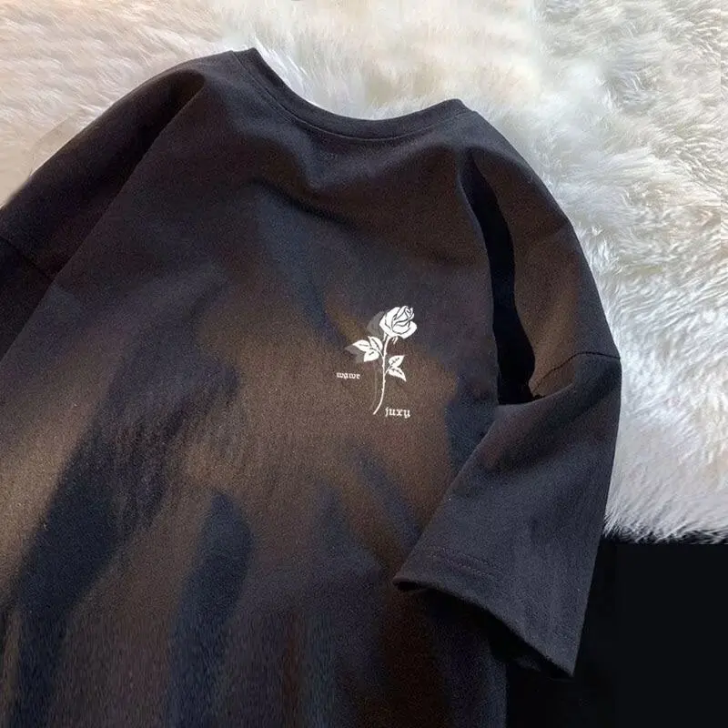 Summer New Men Short Sleeve T-shirt American Rose High Street O-neck Tops Fashion Versatile Casual Loose Pullover Black Tees