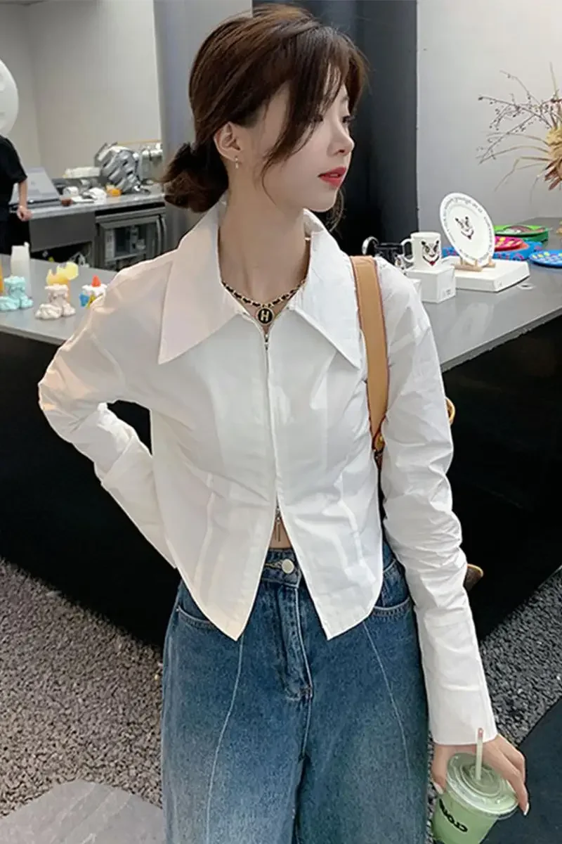 Camicetta bianca Donna Camisas De Mujer Couverture Colletto Manica lunga Cerniera Camicie Top corto Moda Casual Coreano Y2k Camicette