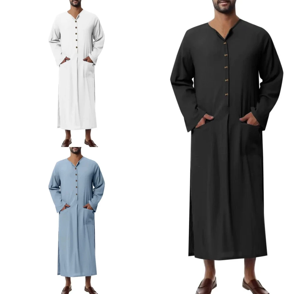 Men's Jubba Thobe - Middle Eastern Cotton Blend Long Robe Loose Fit with Buttons Pockets Comfortable for Eid/Ramadan/Daily Wear