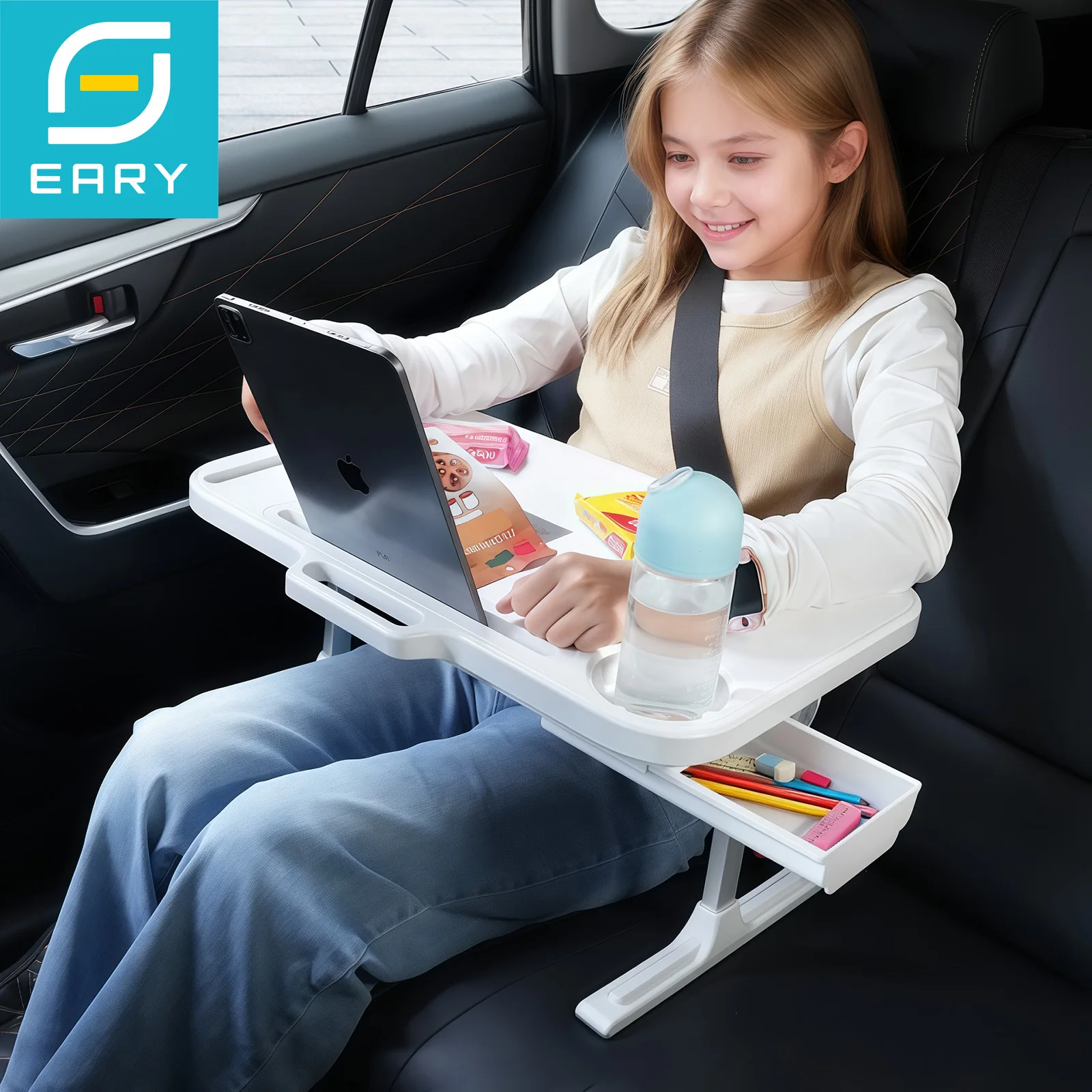 

Eary Car Seat Tray Table With Drawer Foldable Travel Tray for Kids Height Angle Adjustable Car Lap Desk for Laptop Tablet Holder