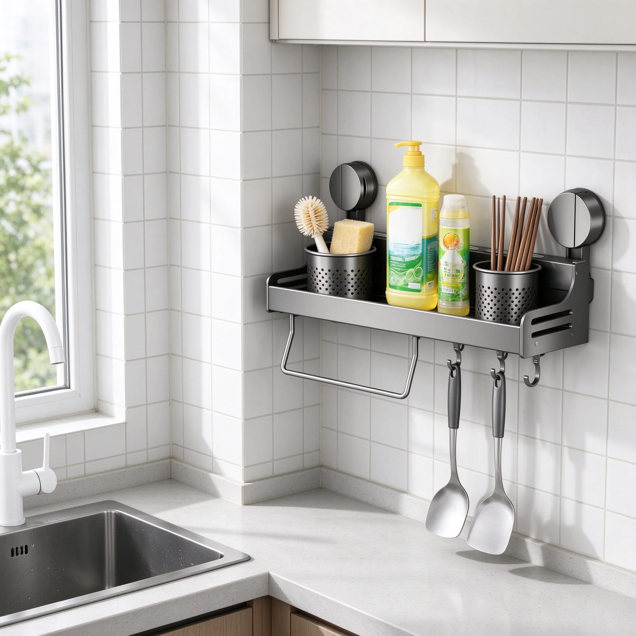 Suction Cup Kitchen Organizer Rack Shelf Wall-mounted Spice Storage Rack Kitchen Knife Holder Wall Seasoning for Chopstick Spoon