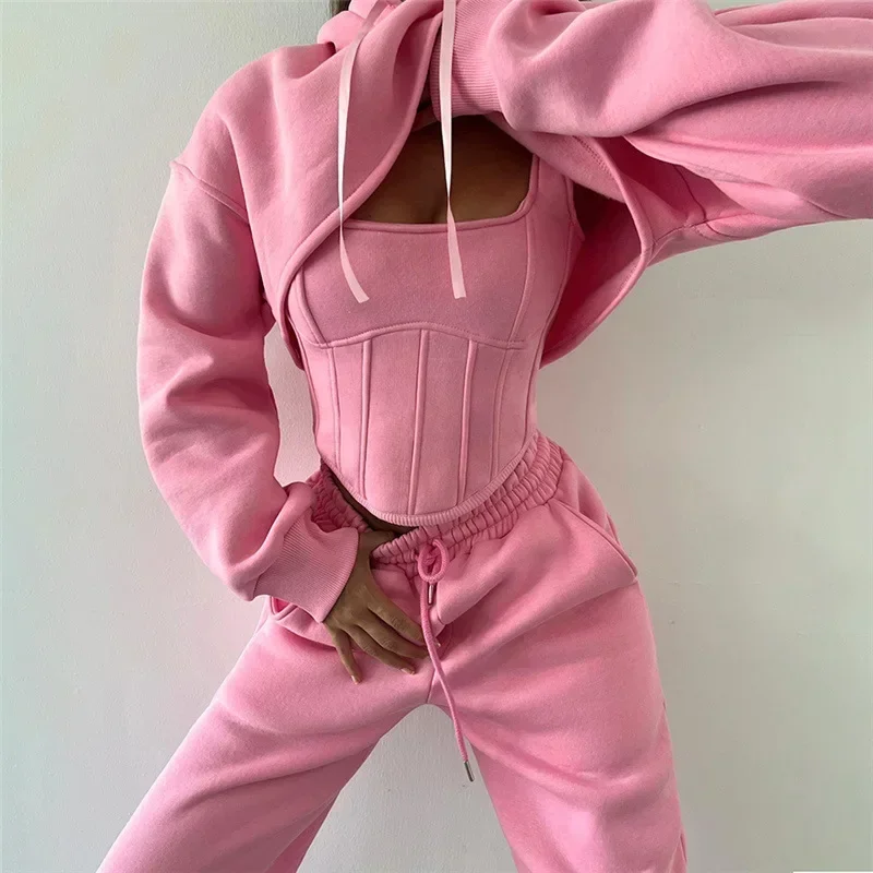 Neue Schnürhosen-Sets für Damen, schlanke, einfarbige, gespleißte Tanktops, Damen-Langarm-Kurz-Hoodies und Hosenanzüge, Damen-Outfits für den Winter