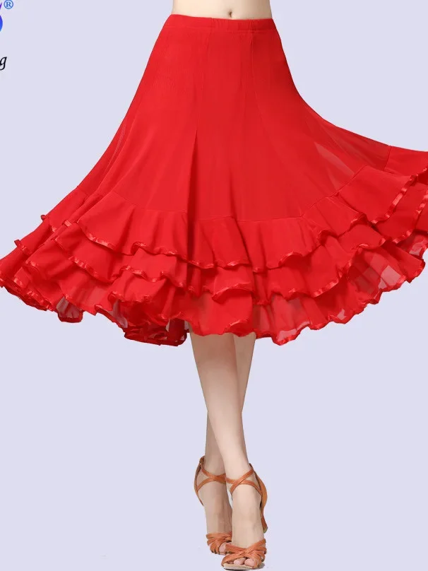 New Style Ballroom Dance Dress garza Swing gonna latino Social Dance Practice mezza lunghezza Solid Ruffle Edge Skirt