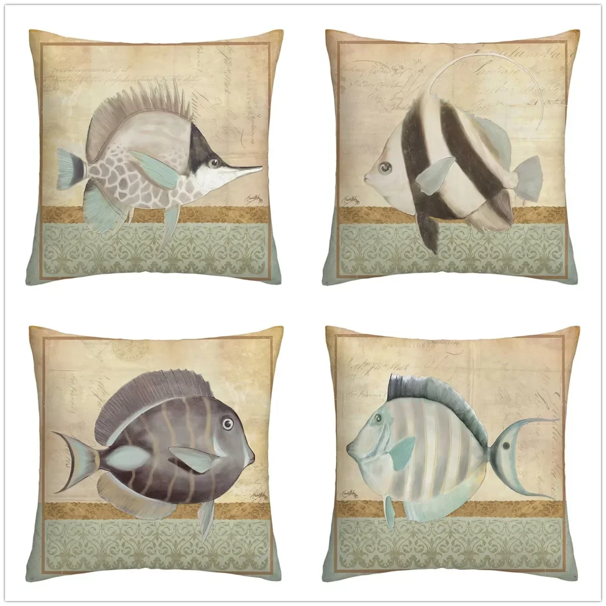 Retro deep sea fish linen pillowcase sofa cushion cover home decoration can be customized for you 40x40 45x45 50x50 60x60