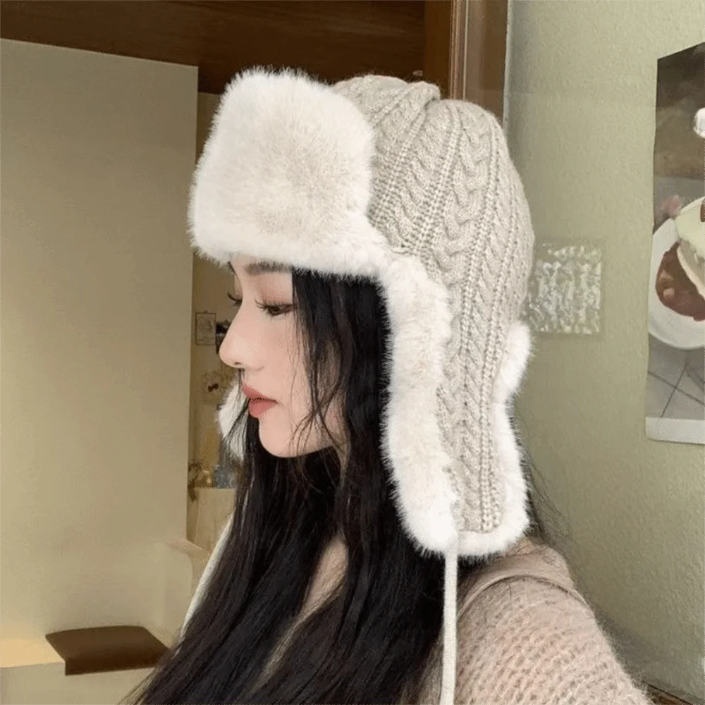 

Fashion Knitted Men Women Pilot Hat Fluffy Warm Faux Fur Lei Feng Hat Korean Extended Ear Protection Cap Ladies