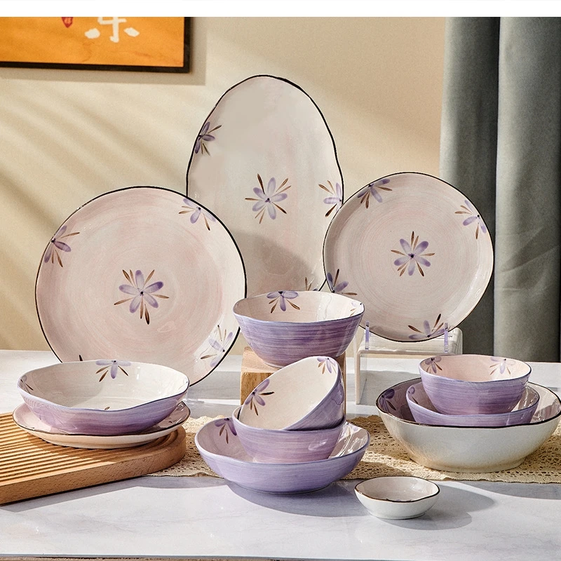 Korean small ceramic tableware purple wind chimes flower irregular plate noodles bowl rice fish