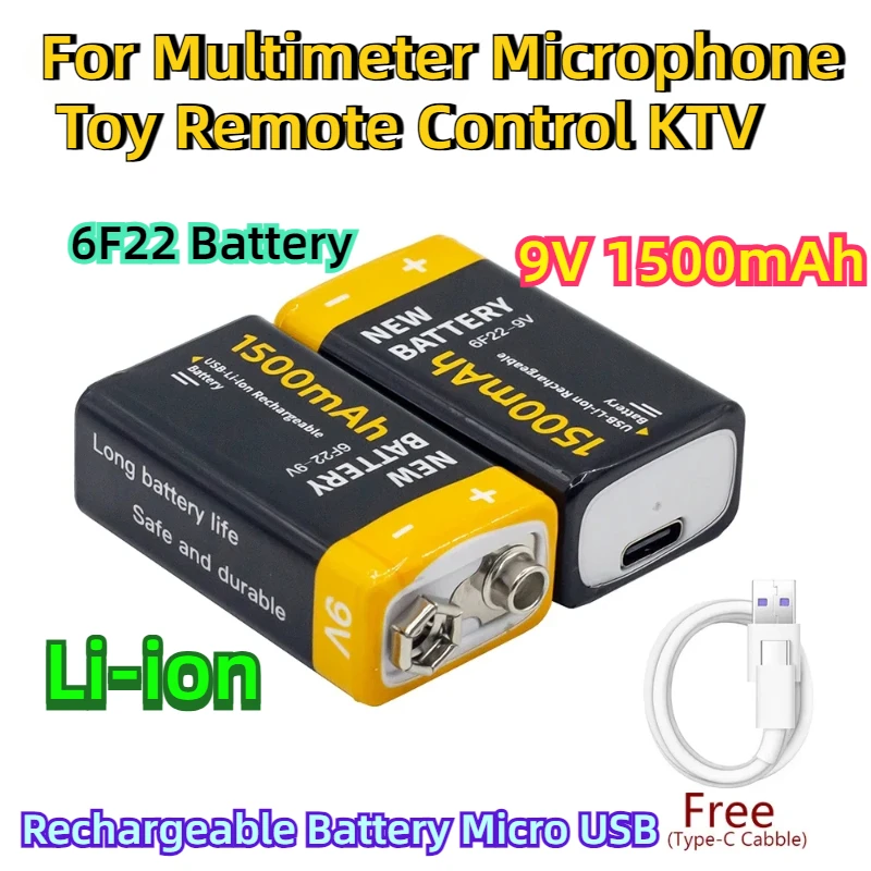 For Multimeter Microphone Toy Remote Control KTV Use 9V 1500mAh Li-ion Rechargeable Battery Micro USB Battery 6F22 Battery