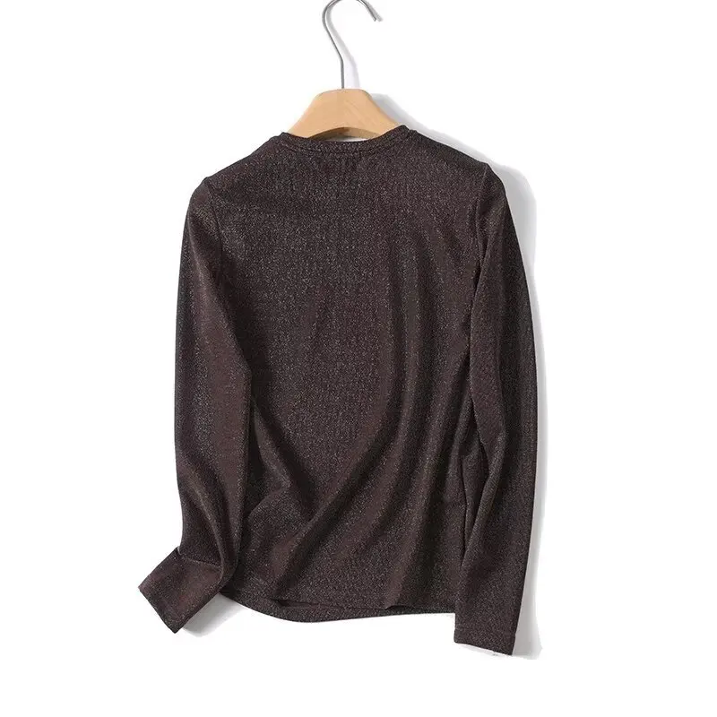 Maxdutti Nordic Minimalist Round Neck Elegant Long Sleeve T-shirt Shine Slin Fit Tops Long Sleeve Pullover T-shirt Woman Clothes