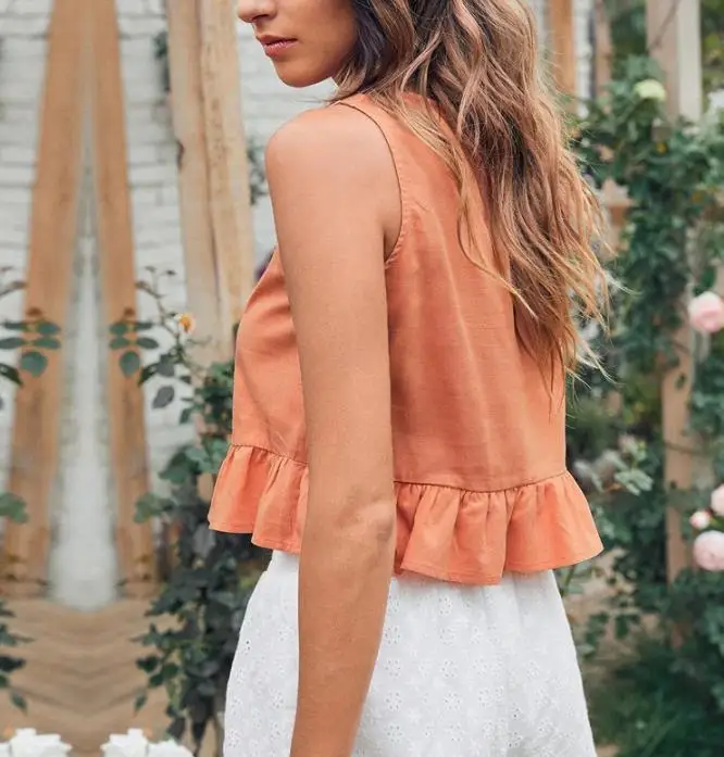 سترة نسائية فضفاضة صيفية كلاسيكية بلون سادة وبسيطة كاجوال بحاشية مكشكشة بقصة ضيقة بدون أكمام مناسبة للاستخدام اليومي