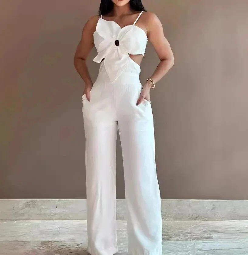 الصيف أزياء الأبيض بذلة المرأة الأزهار نمط Shirred الجوف خارج عارضة غير المتكافئة الرقبة جيب عارية الذراعين حللا