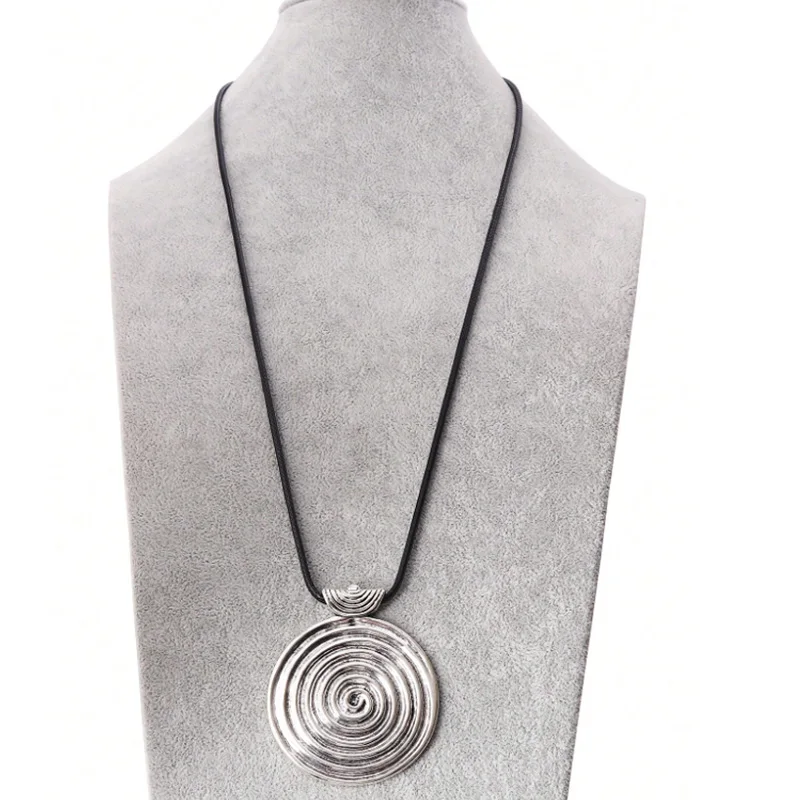 1 × التبتية الفضة اللون زهرة كبيرة/مستديرة/القلب تصميم قلادة طويلة الشمع حبل سلسلة قلادة ، بوهيميا القبلية نمط المجوهرات