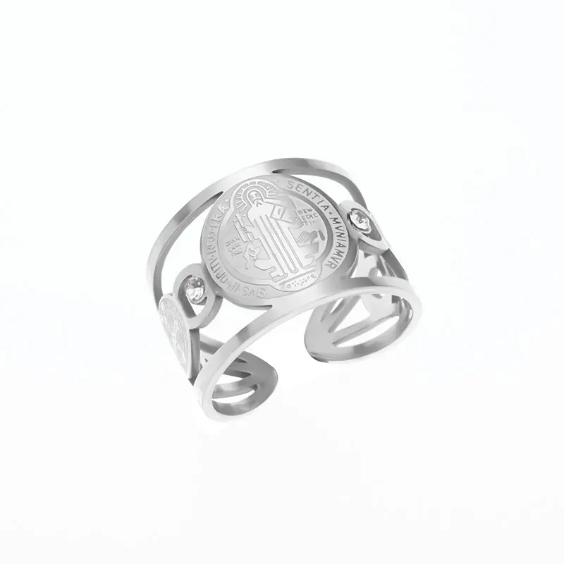 خاتم طارد الأرواح الشريرة الكاثوليكية من الفولاذ المقاوم للصدأ للرجال والنساء ، حجم قابل للتعديل ، مجوهرات الصلاة الدينية ، القديس بنديكت ، مسيحي #6