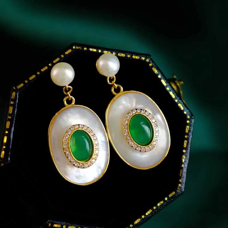 

New style inlaid lapis lazuli artificial artificial fritillary earrings for women emerald vintage pearl wedding silver jewelry