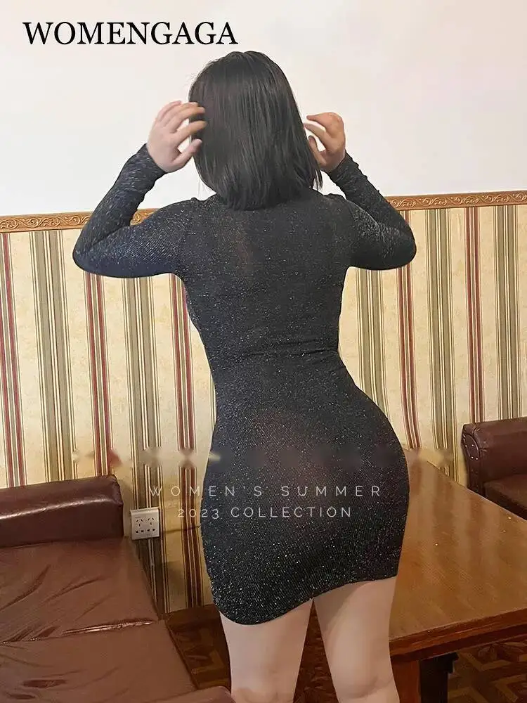 WOMENGAGA Mesh Kant Fonkelende Dot Transparante Dunne Hot Sexy Mini Jurk Lange Zomer Outdoor Dating Tops Fashion Koreaanse 8BCV