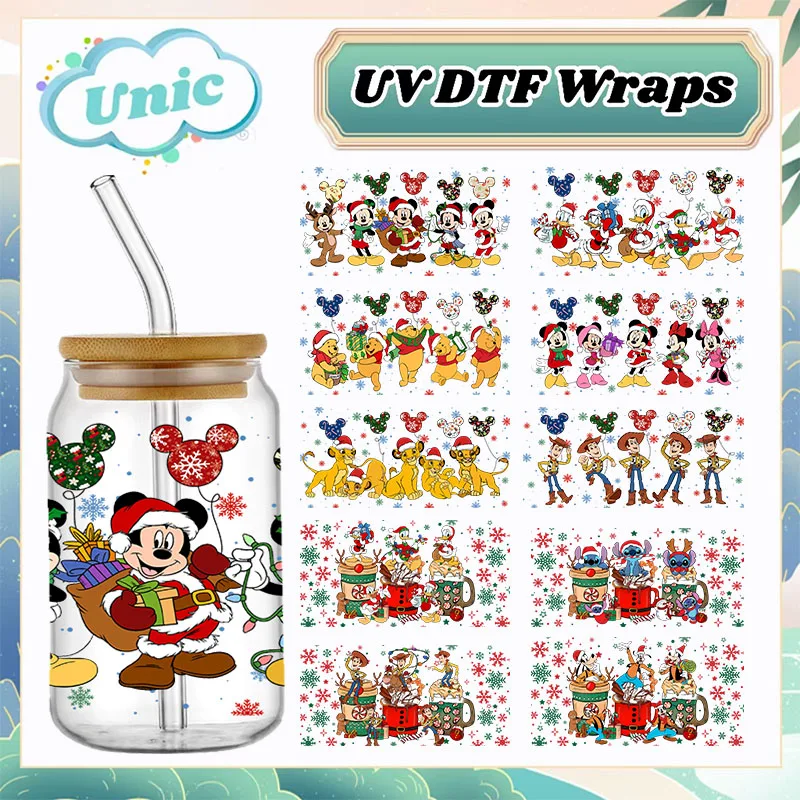 Christmas Disney Mickey 16OZ UV DTF Cup Wraps Winnie Stitch Transfer Sticker For 16OZ Glass Can Bottle Washable DIY Custom Decal