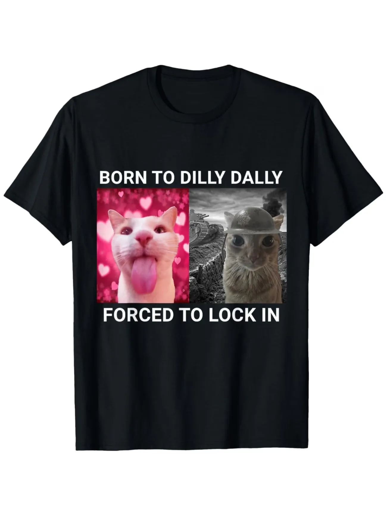 Born To Procrastinate, Forced To Wear Cat Meme T-Shirt Casual Crew Neck Short Sleeve Shirt Men's Weirdcore Unhinged Brainrot Tee