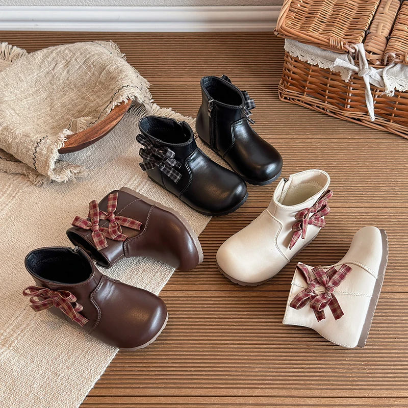 Autumn Girl's Boots Zipper Bowknot Pu Leather Sweet Kid's Flat Shoe Solid Colors Anti-slip Daily All-match Chic Children Shoes