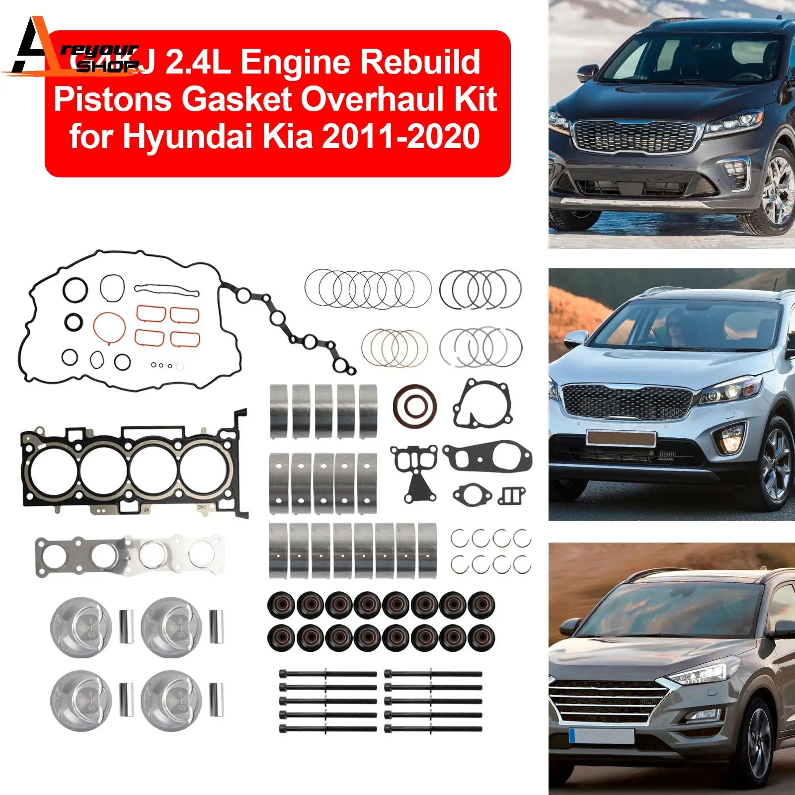 Areyourshop G4KJ 2.4L Engine Rebuild Pistons Gasket Overhaul Kit for Hyundai Kia 2011-2020 car accessories