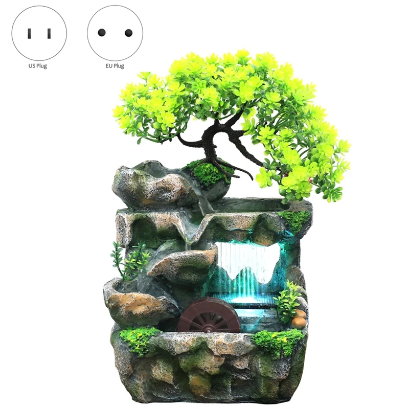 Indoor Desktop Feng Shui Rockery Fountain Decor Living Room Flowing Water Waterfall Ornament With 7-Color Light