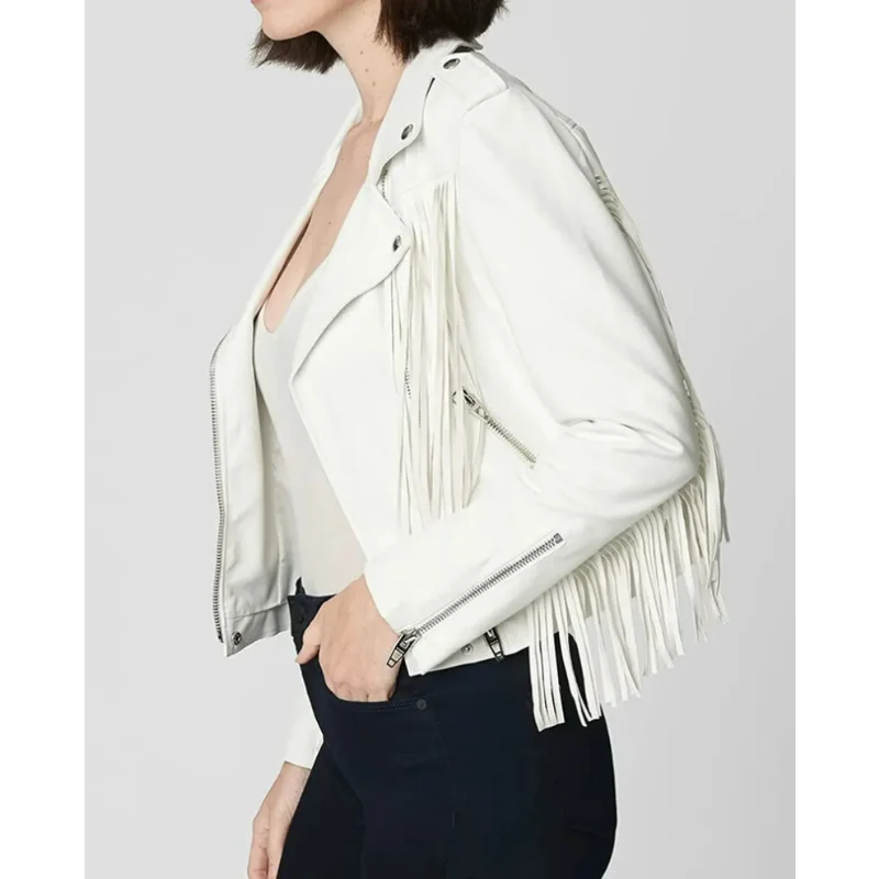 Women  Leather Jacket White Lambskin Genuine Leather Western Style Fringe Coat