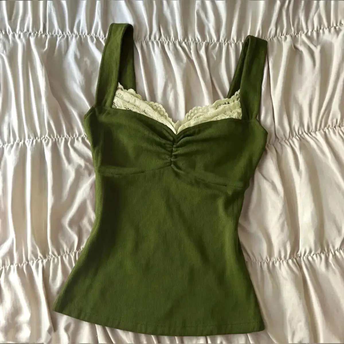 Summer vintage olive green lace halter top sensual soft fashionable trendy slimming and versatile piece perfect occasion Y2K